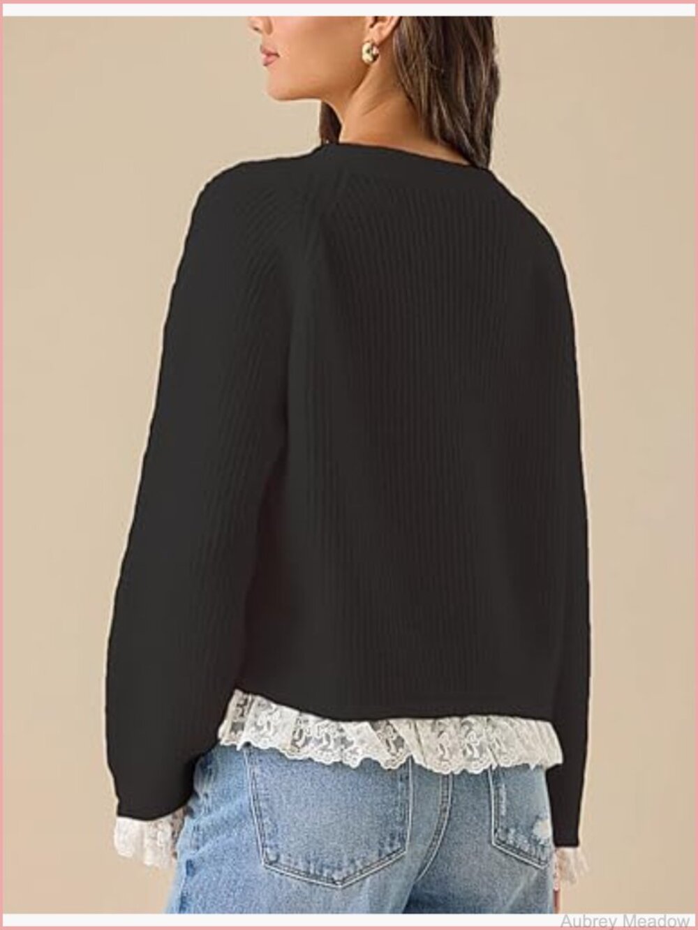 V-Neck Lace Trim Cardigan Heart Button Front Knit Sweater Open Long Sleeve - Picture 4 of 4